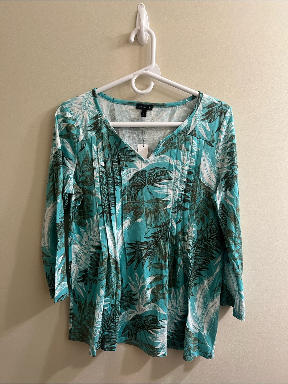 Talbots Pleated Turquoise Palm Frond 3/4 Sleeve Split Neck Tunic Top  Small NWT